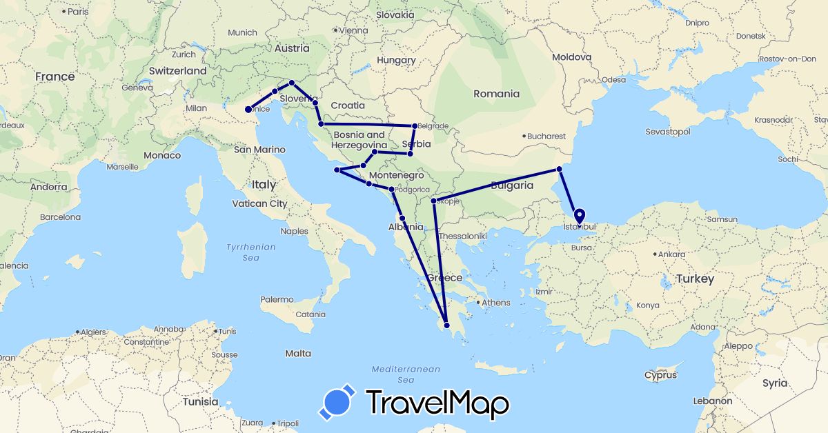 TravelMap itinerary: driving in Albania, Bosnia and Herzegovina, Bulgaria, Greece, Croatia, Italy, Montenegro, Macedonia, Serbia, Slovenia, Turkey (Asia, Europe)